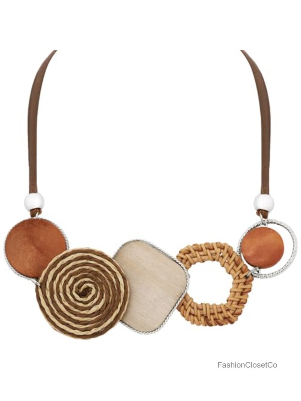 Handmade Braided Wood Bead Rattan Charm Pendant Necklace Adjustable